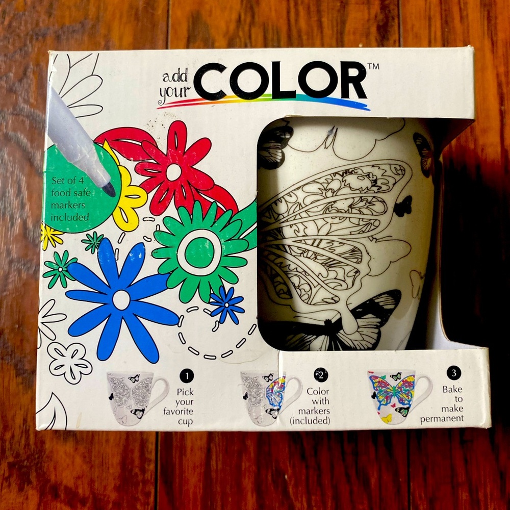 Just Add Color Ceramic Mug Kit Color Your Own Cup w/ Markers Floral Pattern